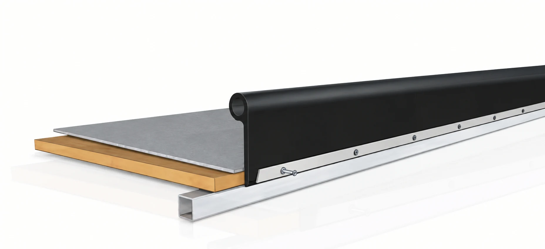 3D-Schnittmodell des schwarzen Kantenschutzprofils P an einer geraden Fahrfläche einer modularen Skaterampe.