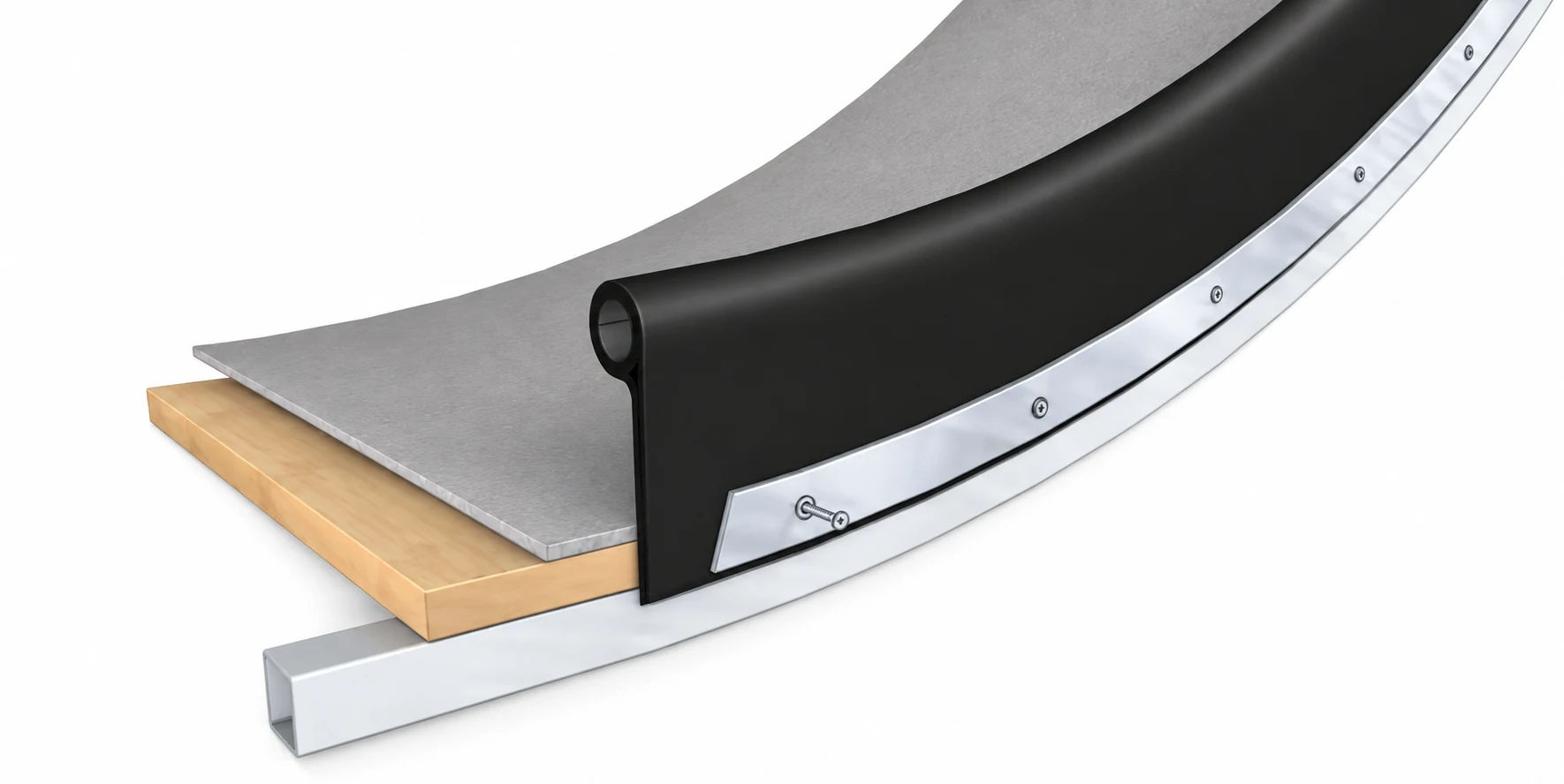 3D-Schnittmodell des schwarzen Kantenschutzprofils P an der gerundeten Fahrfläche einer modularen Skaterampe.