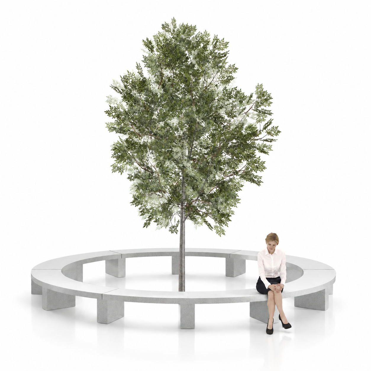 Rundbank aus Granit um einen Baum mit einer sitzenden Person als Grössenvergleich.