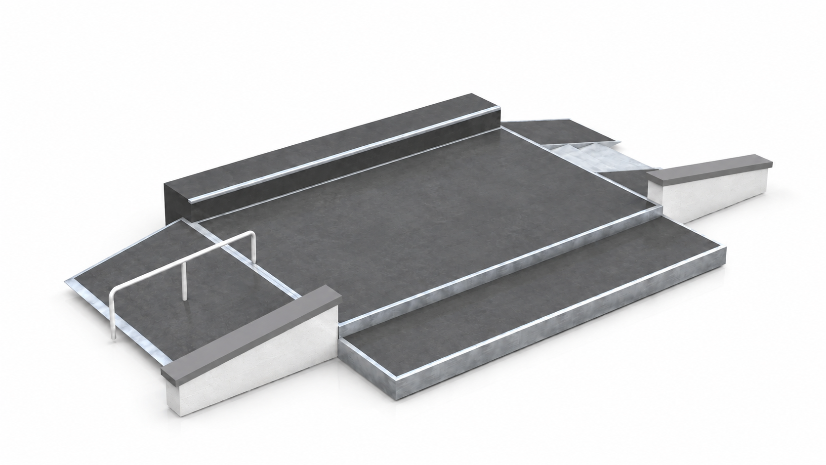 Skateplaza mit Curbs, Ledges, Rampen und Handrail in einer hellen Studioansicht.