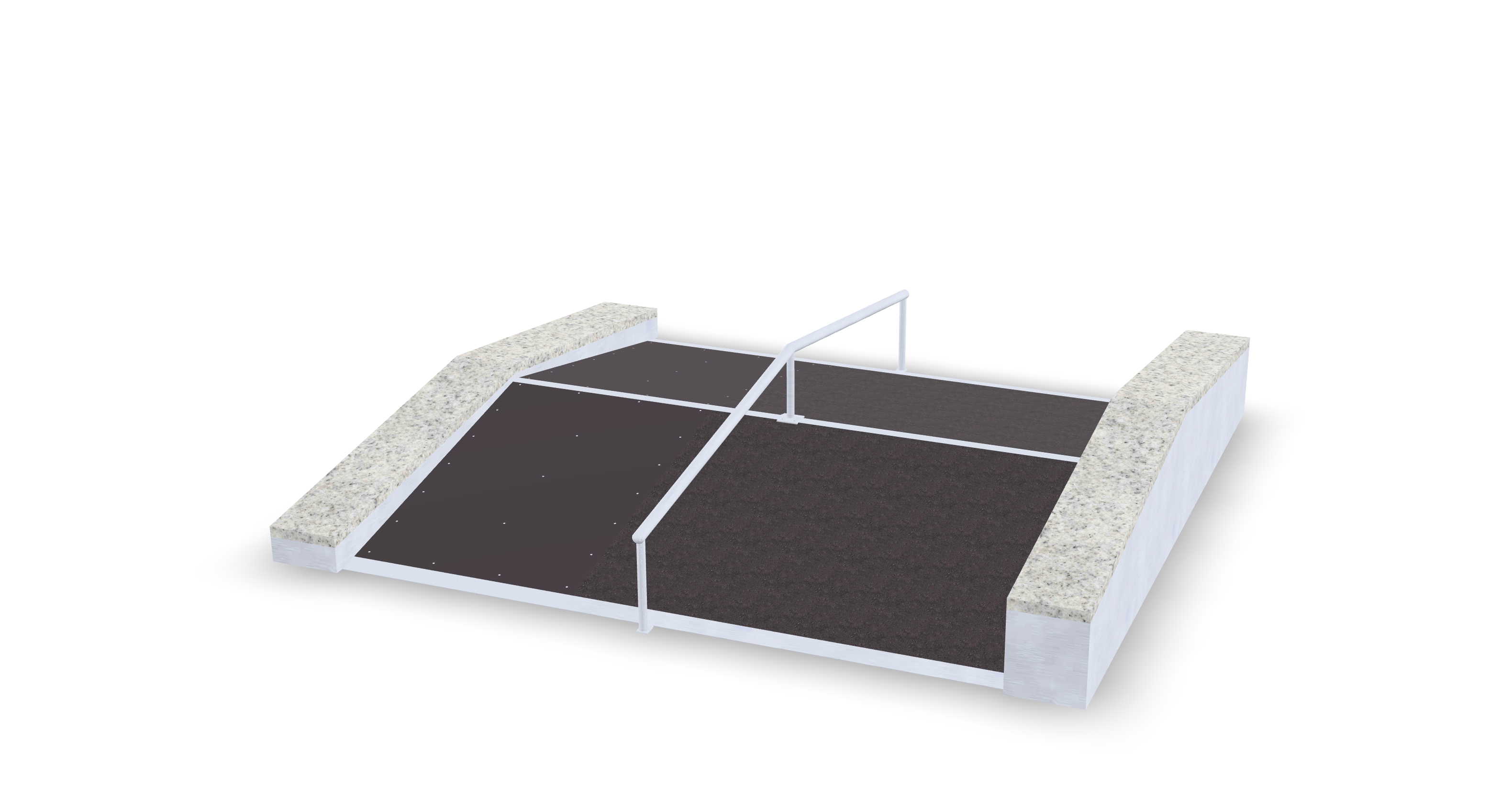 Visualisierung eines Skate-Elements mit zwei Banks, seitlichen Granitkanten und zwei Stahlrails.