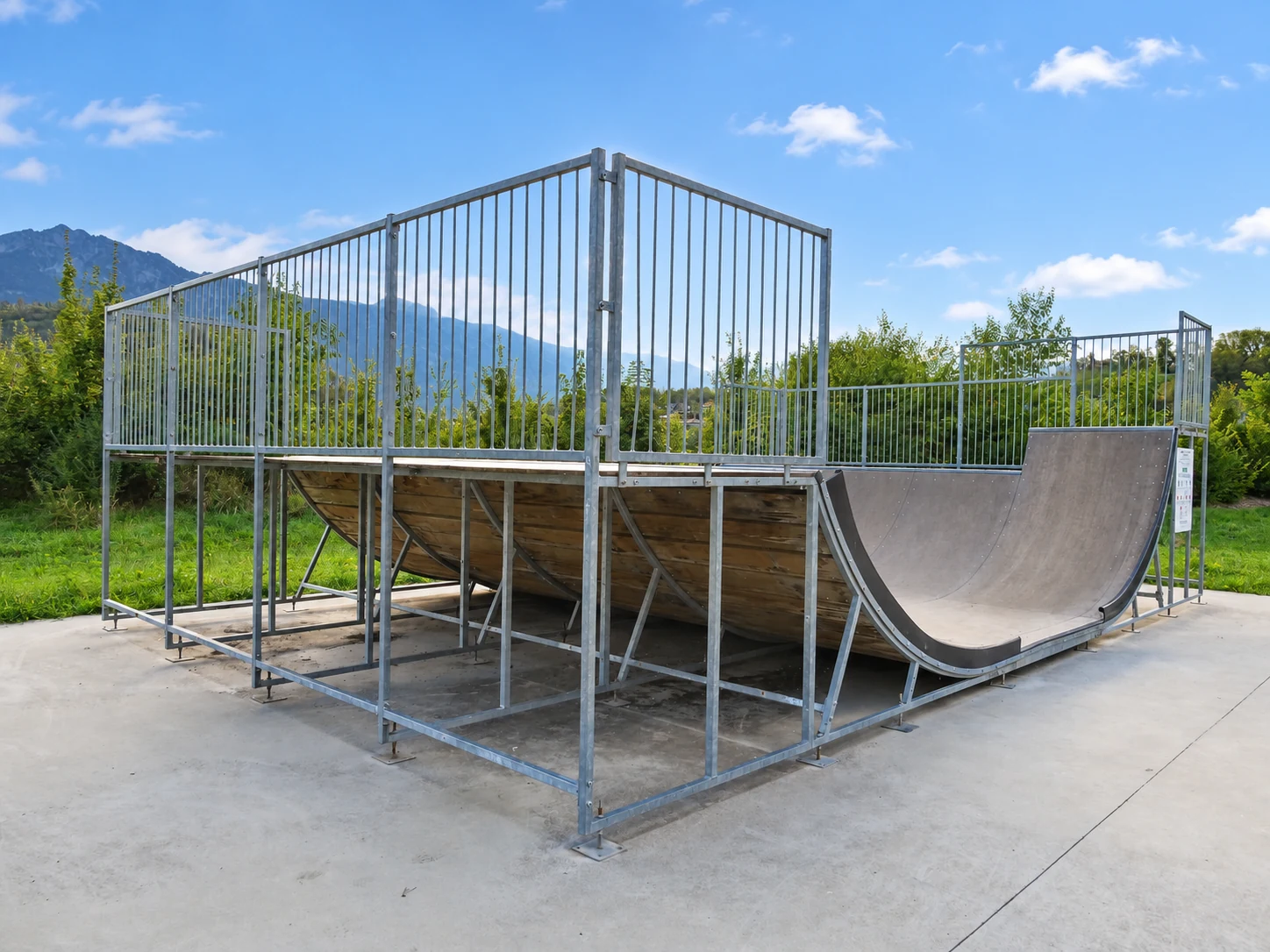 Minirampe Ollon – Rückansicht und Unterkonstruktion Schräge Rückansicht der Minirampe in Ollon mit Metallunterkonstruktion, hölzerner Rampenunterseite und hohen Plattformgeländern.